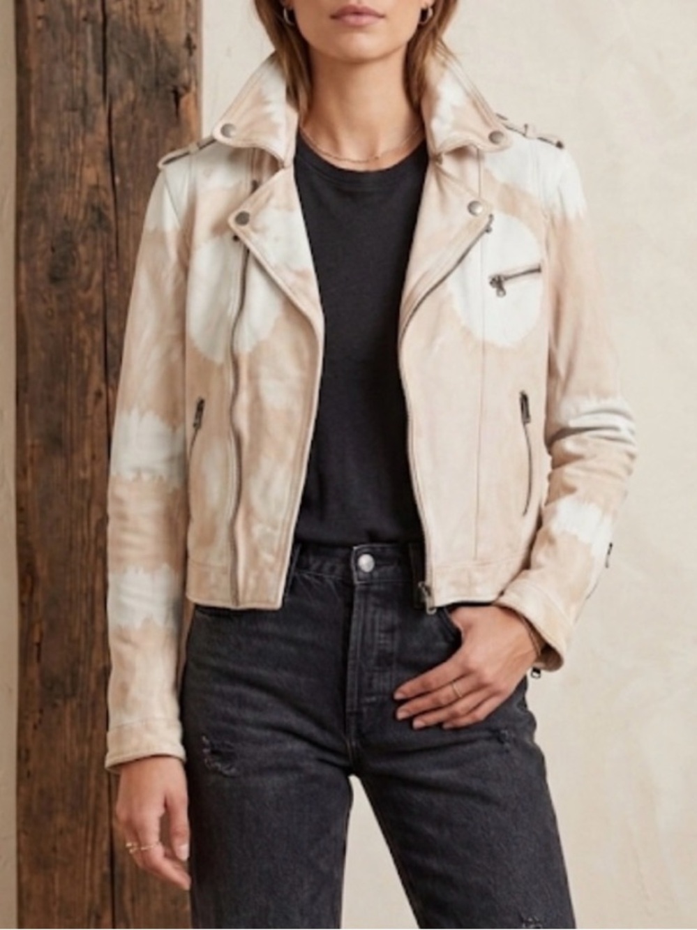 Jakett New York 100% Leather Cream and White Tie-Dye Moto Jacket Size M
